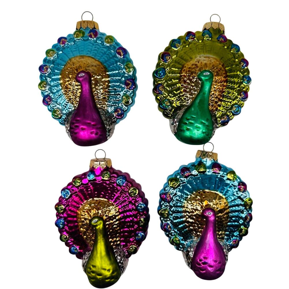 4 Vintage Rauch Glass‎ Peacock 4" Christmas Ornaments Pink Green Blue SET BOHO